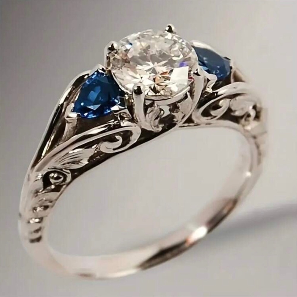 1.5 CT Round Cut Moissanite Diamond & Blue Sapphire Diamond, Filigree Art Deco